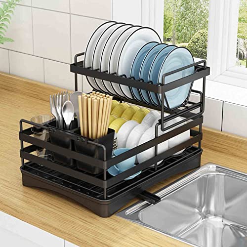 2 Tier Dish Drainer Rack, Large Capacity Kitchen Countertop Organizer, with 360° Rotation Guide Sink Tray & Chopstick Holder, for Above The Sink