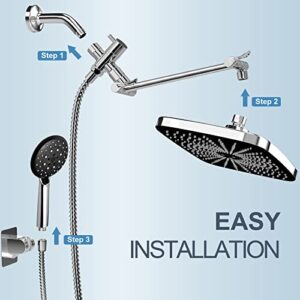 Veken 12 Inch Rain Shower Head with 5 Settings High Pressure Handheld Spray, Rainfall Shower Head with Adjustable Extension Arm, Chrome Dual Shower Head and Handheld Shower Head Combo with 70” Hose.