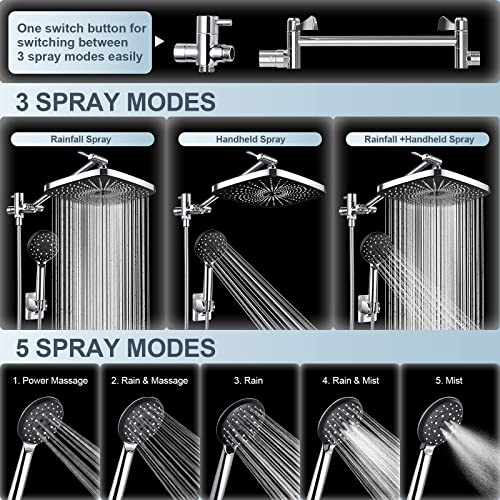 Veken 12 Inch Rain Shower Head with 5 Settings High Pressure Handheld Spray, Rainfall Shower Head with Adjustable Extension Arm, Chrome Dual Shower Head and Handheld Shower Head Combo with 70” Hose.