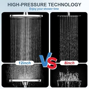 Veken 12 Inch Rain Shower Head with 5 Settings High Pressure Handheld Spray, Rainfall Shower Head with Adjustable Extension Arm, Chrome Dual Shower Head and Handheld Shower Head Combo with 70” Hose.