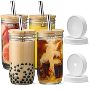 [ 4 pack ] glass cups set – 24oz mason jar drinking glasses w bamboo lids & straws & 2 airtight lids – cute reusable boba bottle, iced coffee glasses, travel tumbler for bubble tea, smoothie, juice