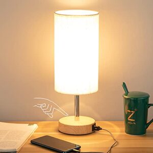 yarra-decor bedside lamp with usb port – touch control table lamp for bedroom wood 3 way dimmable nightstand lamp with round flaxen fabric shade for living room, dorm, home office (led bulb included)