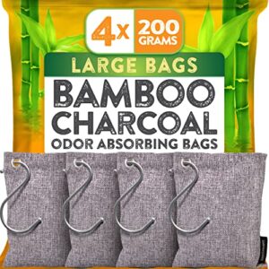 nature fresh charcoal bags odor absorber (large, 4 pack, 200g each), reduce odors naturally with bamboo charcoal air purifying bags for car, home, closet, shoe deodorizer eliminator freshener remover