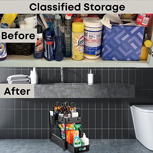 Storage King Under Sink Organizers and Storage, 2 Tier Kitchen & Bathroom Cabinet Basket, Storage Shelf with Sliding Drawers, Multi-Purpose Sink Organizer with Hooks & Cups & Non Slip Mat, Black