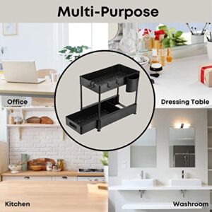 Storage King Under Sink Organizers and Storage, 2 Tier Kitchen & Bathroom Cabinet Basket, Storage Shelf with Sliding Drawers, Multi-Purpose Sink Organizer with Hooks & Cups & Non Slip Mat, Black