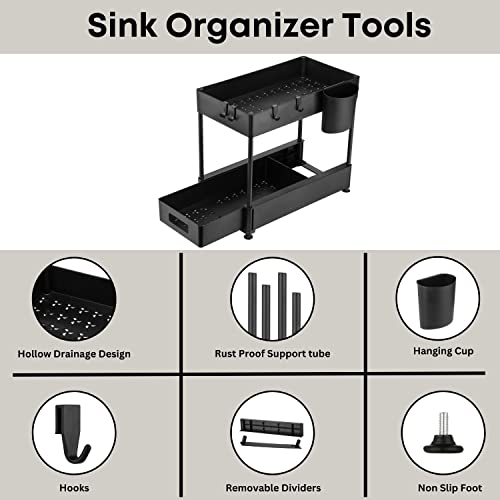 Storage King Under Sink Organizers and Storage, 2 Tier Kitchen & Bathroom Cabinet Basket, Storage Shelf with Sliding Drawers, Multi-Purpose Sink Organizer with Hooks & Cups & Non Slip Mat, Black