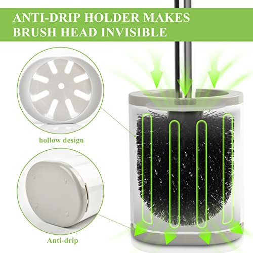 Toilet Brush and Holder, Compact Size Toilet Bowl Brush with Stainless Steel Handle, Small Size Plastic Holder Easy to Hide, Space Saving for Storage, Drip-Proof, Easy to Assemble, Deep Cleaning