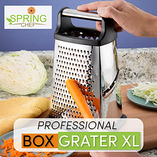 Professional Box Grater, Stainless Steel with 4 Sides, Best for Parmesan Cheese, Vegetables, Ginger, XL Size, Black