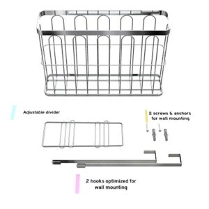 ULFR Over The Cabinet Door Kitchen Storage Organizer Basket, Space Saving Drawer Grid Holder for Cleaning Supplies, Bottles, Board, Chrome Finish with an Easy to Install Divider