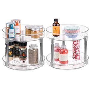 mdesign 2 tier lazy susan turntable food storage container for cabinets, pantry, fridge, countertops – raised edge, spinning organizer for spices, condiments – 9″ round, 2 pack – clear/chrome