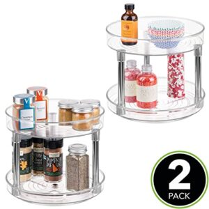 mDesign 2 Tier Lazy Susan Turntable Food Storage Container for Cabinets, Pantry, Fridge, Countertops - Raised Edge, Spinning Organizer for Spices, Condiments - 9" Round, 2 Pack - Clear/Chrome