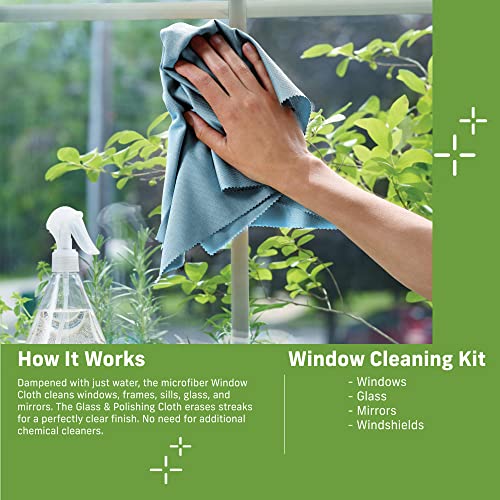 E-Cloth Glass Cleaner, Window Cleaning Kit, Microfiber Cleaning Cloth, Best for Cleaning Indoor and Outdoor Glass Windows and Doors, Car Windshields, Washable and Reusable, 100 Wash Promise, Blue