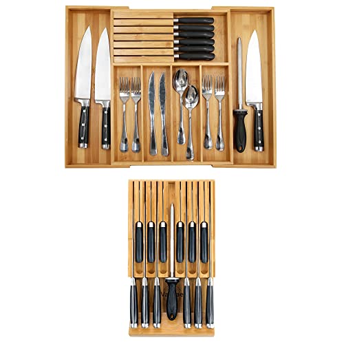 Bamboo Knife Drawer Organizer, Kitchen Knife Holder Drawer, Silverware Tray with Dividers