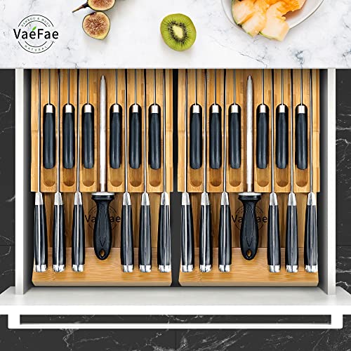 Bamboo Knife Drawer Organizer, Kitchen Knife Holder Drawer, Silverware Tray with Dividers