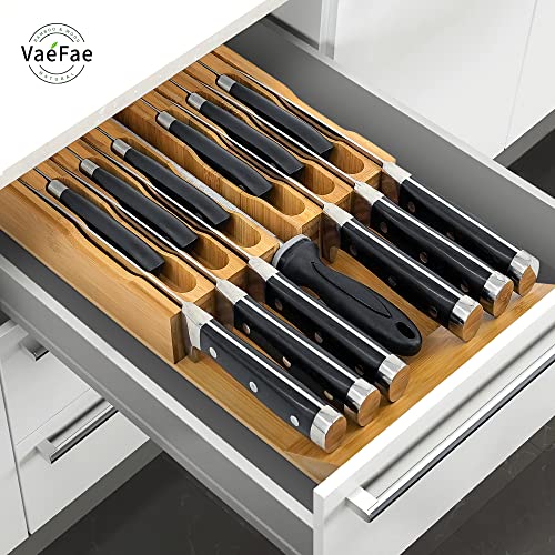 Bamboo Knife Drawer Organizer, Kitchen Knife Holder Drawer, Silverware Tray with Dividers