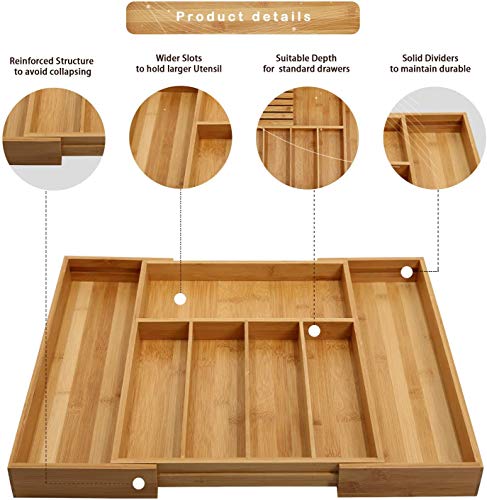 Bamboo Knife Drawer Organizer, Kitchen Knife Holder Drawer, Silverware Tray with Dividers