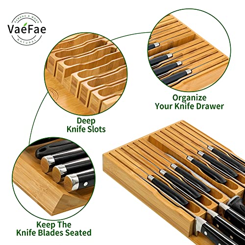 Bamboo Knife Drawer Organizer, Kitchen Knife Holder Drawer, Silverware Tray with Dividers