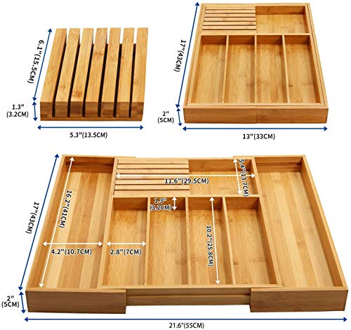 Bamboo Knife Drawer Organizer, Kitchen Knife Holder Drawer, Silverware Tray with Dividers