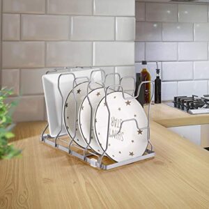 Simple Trending Adjustable Pan and Pot Lid Organizer Rack Holder, Kitchen Counter and Cabinet Organizer, Silver