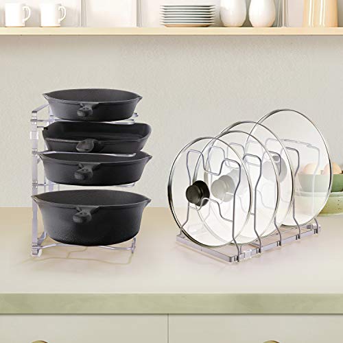 Simple Trending Adjustable Pan and Pot Lid Organizer Rack Holder, Kitchen Counter and Cabinet Organizer, Silver