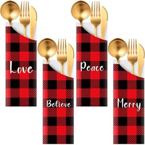 100 pcs christmas silverware bags disposable christmas utensil cutlery holder paper xmas flatware tableware holder bags for christmas home wedding party table decorations, 4 styles (buffalo plaid)