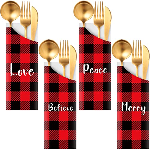 100 Pcs Christmas Silverware Bags Disposable Christmas Utensil Cutlery Holder Paper Xmas Flatware Tableware Holder Bags for Christmas Home Wedding Party Table Decorations, 4 Styles (Buffalo Plaid)