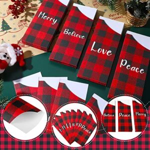 100 Pcs Christmas Silverware Bags Disposable Christmas Utensil Cutlery Holder Paper Xmas Flatware Tableware Holder Bags for Christmas Home Wedding Party Table Decorations, 4 Styles (Buffalo Plaid)