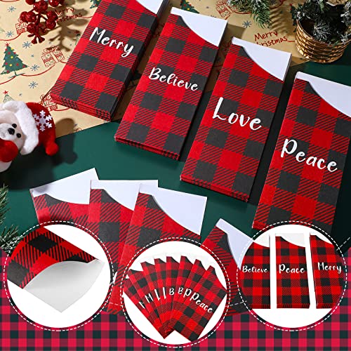 100 Pcs Christmas Silverware Bags Disposable Christmas Utensil Cutlery Holder Paper Xmas Flatware Tableware Holder Bags for Christmas Home Wedding Party Table Decorations, 4 Styles (Buffalo Plaid)