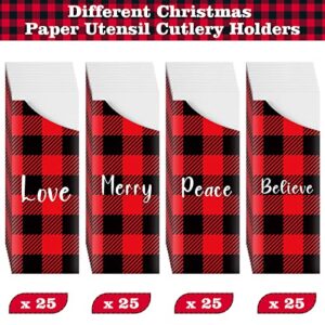 100 Pcs Christmas Silverware Bags Disposable Christmas Utensil Cutlery Holder Paper Xmas Flatware Tableware Holder Bags for Christmas Home Wedding Party Table Decorations, 4 Styles (Buffalo Plaid)