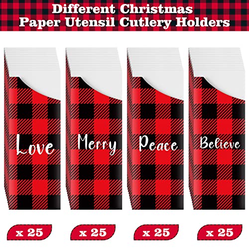 100 Pcs Christmas Silverware Bags Disposable Christmas Utensil Cutlery Holder Paper Xmas Flatware Tableware Holder Bags for Christmas Home Wedding Party Table Decorations, 4 Styles (Buffalo Plaid)