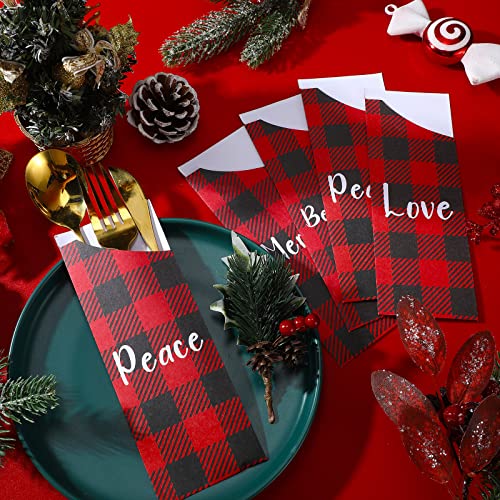 100 Pcs Christmas Silverware Bags Disposable Christmas Utensil Cutlery Holder Paper Xmas Flatware Tableware Holder Bags for Christmas Home Wedding Party Table Decorations, 4 Styles (Buffalo Plaid)