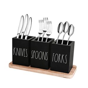 chonic farmhouse silverware holder, rustic wood silverware caddy with tray, spoon fork knives flatware dispenser, utensil countertop organizer, plastic cutlery holder for kitchen party (black)