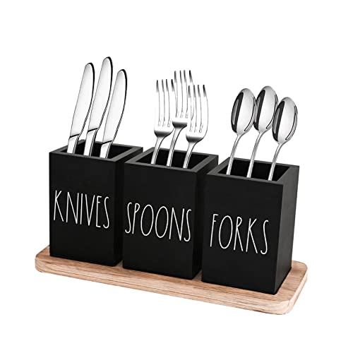 CHONIC Farmhouse Silverware Holder, Rustic Wood Silverware Caddy with Tray, Spoon Fork Knives Flatware Dispenser, Utensil Countertop Organizer, Plastic Cutlery Holder for Kitchen Party (Black)