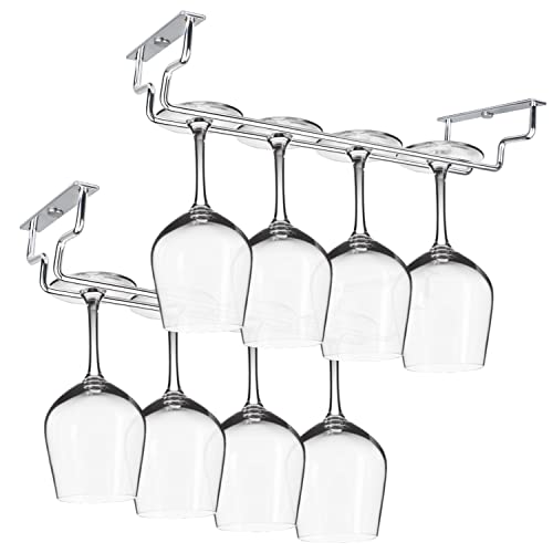 Yimerlen 2 Pack 10.6 Inch Wine Glass Holder and Wine Glass Rack Metal Stemware Holder, Under Cabinet Wine Glass Hanger for RV Mini Bar Kitchen (Silver — Double Entry Style)