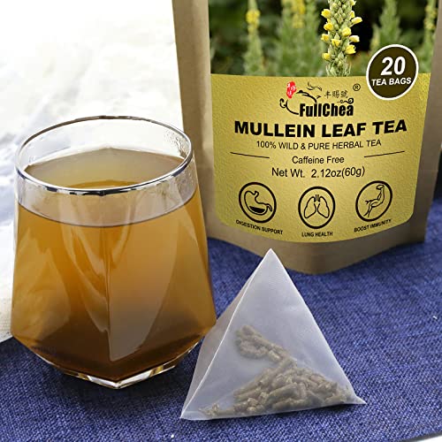 FullChea - Mullein Leaf Tea Bags, 20 Teabags, 3g/bag - Natural Mullein Tea Bags For Lungs - Non-GMO - Caffeine-free - Natural Healthy Herbal Tea For Detox & Respiratory Support