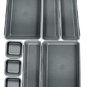 HOME-X Connecting Organizer Trays, Set of Interlocking Adjustable Trays for Organizing Office Supplies and Kitchen Utensil Drawers, Set of 8, 3 Sizes, Gray