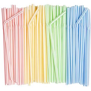 [200 Pack] Flexible Disposable Plastic Drinking Straws - 7.75" High - Assorted Colors Striped