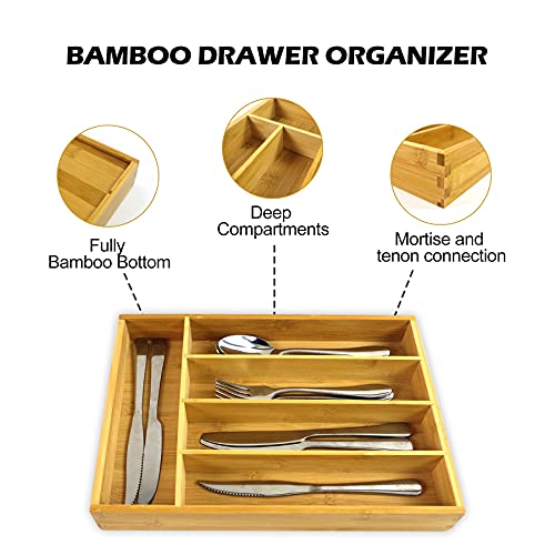 PURENJOY Bamboo Utensil Drawer Organizer Kitchen Utensils Cutlery Organizer in Drawer Kitchen Flatware Organizers for Drawer Cutlery Tray Organizer Silverware Holder Dividers with 5 Compartments
