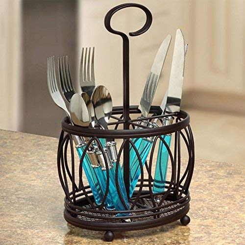 Spectrum Diversified Leaf Caddy Nature-Inspired Cutlery, Modern Dining Table Décor & Kitchen Organization, Silverware Holder with Handle, Bronze