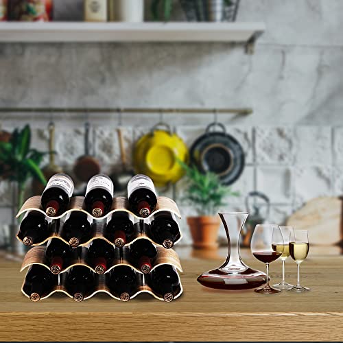 TRUDING Countertop Wine Rack - 14 Bottle Freestanding Wine Bottle Holder Stand - 4 Tier Wooden Wine Storage Rack - Wavy Wine Organizer for Cabinet Pantry Home Kitchen Bar