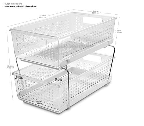 madesmart 2-Tier Organizer Multi-Purpose Slide-Out Storage with Handles for Home and Bath, Pack of 4, Clear