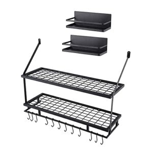 kes 30-inch 2-tier kitchen pan pot rack hanging storage organizer with 12 hooks and 2 pack magnetic spice rack for refrigerator matte black, kur215s75b-bk+krr502-bk-p2