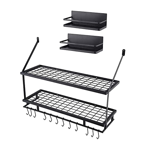 KES 30-Inch 2-Tier Kitchen Pan Pot Rack Hanging Storage Organizer with 12 Hooks and 2 Pack Magnetic Spice Rack for Refrigerator Matte Black, KUR215S75B-BK+KRR502-BK-P2