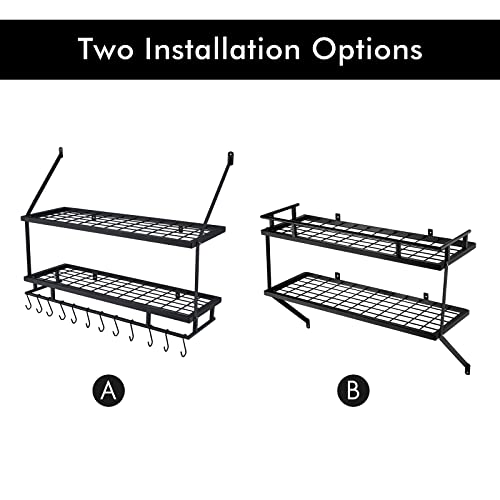 KES 30-Inch 2-Tier Kitchen Pan Pot Rack Hanging Storage Organizer with 12 Hooks and 2 Pack Magnetic Spice Rack for Refrigerator Matte Black, KUR215S75B-BK+KRR502-BK-P2