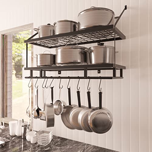 KES 30-Inch 2-Tier Kitchen Pan Pot Rack Hanging Storage Organizer with 12 Hooks and 2 Pack Magnetic Spice Rack for Refrigerator Matte Black, KUR215S75B-BK+KRR502-BK-P2