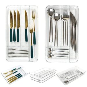 kikilie 2 pack clear kitchen drawer organizer, acrylic transparent divided organizers for utensils silverware makeup, dresser organizer with 4 sections, divider flatware tray