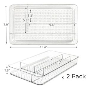 KIKILIE 2 Pack Clear Kitchen Drawer Organizer, Acrylic Transparent Divided Organizers for Utensils Silverware Makeup, Dresser Organizer with 4 Sections, Divider Flatware Tray