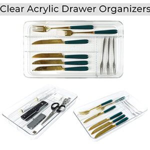 KIKILIE 2 Pack Clear Kitchen Drawer Organizer, Acrylic Transparent Divided Organizers for Utensils Silverware Makeup, Dresser Organizer with 4 Sections, Divider Flatware Tray