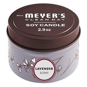 mrs. meyer’s soy tin candle, 12 hour burn time, made with soy wax and essential oils, lavender, 2.9 oz