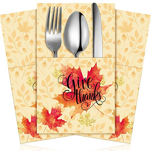 36 Pieces Thanksgiving Utensil Cutlery Napkins Holders Give Thanks Knife Forks Silverware Pouch Bags Cutlery Wraps Table Setting Dinner Decorations Supplies Favor for Autumn Fall Harvest Party